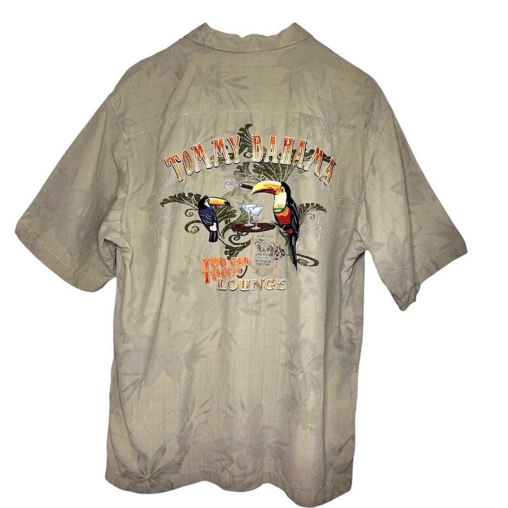 Tommy Bahama YOU CAN TOUCAN Silk Beige Multi Button Up Embroidery Cruise Shirt L